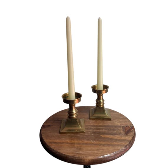 Vintage Short Solid Brass Bowl Candlestick Holder Set. Set of 2. Antique Brass Candle Pillar Holders. Mid Century. MCM. 40s. 50s. 60s 70s.