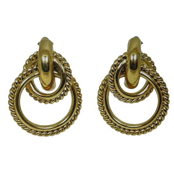 Vintage Givenchy Golden Double Hoop Clip-On Earrings. Gold Twisted Interlocked Earrings. Signed Jewelry. Formal Party Style. 80s. 1980s.
