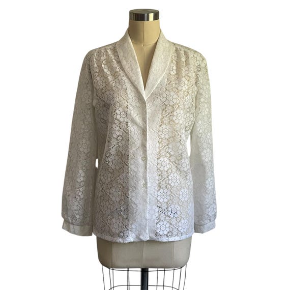 Vintage Ivory White Floral Lace Jacket. Semi-Sheer White Flower Button-Up Jacket. Flowers. Spring. Cottagecore. Boho. Hippie. 70s. 1970s.