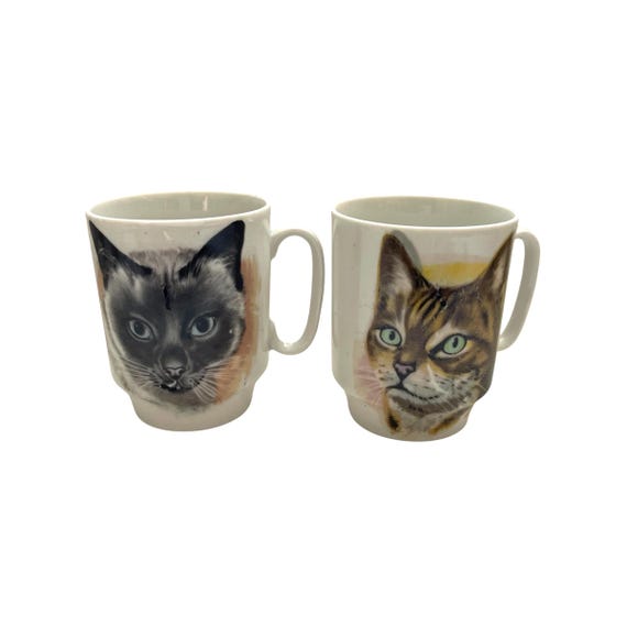 Vintage Porcelain China Cat Mug Set. Glossy Bone China Feline Cup Set. Set of 2. Siamese Cat Mug. Bengal Cat Mug. Drinkware. 70s. 1970s.