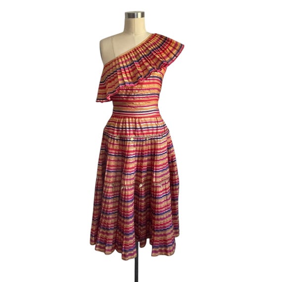 Vintage Gian Doll Arezzo Multicolor Striped Top and Skirt Set. Frilly One-Shoulder Top. Colorful Pleated Skirt. 80s. 90s.