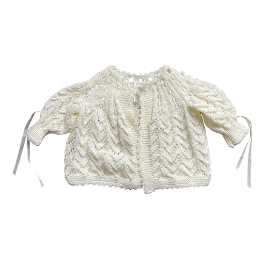 Vintage Handmade Ivory White Baby Sweater Jacket. Hand-Knit Ribbon Toddler Cardigan Sweater. Ribbon Lacing. Easter Knit. MCM. 60s. 70s. 80s.