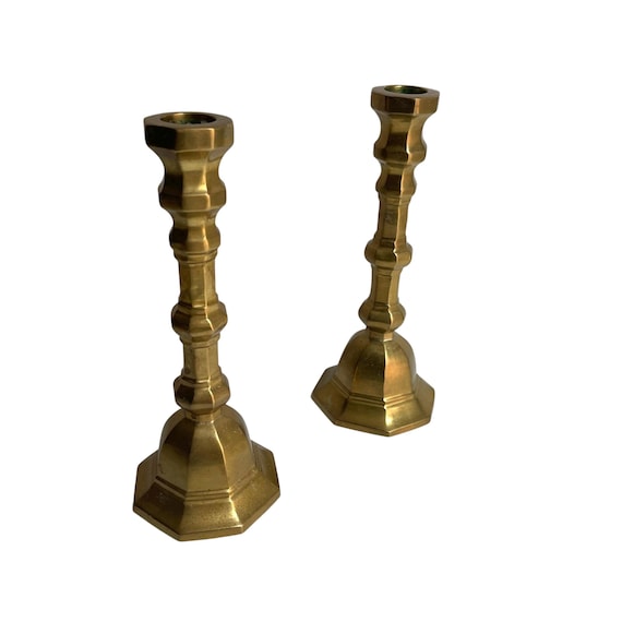 Vintage Brass Geometric Candlestick Holder. Pair (2). Antique Brass Candle Holders. Mid Century MCM. Gothic Cottagecore Candlestick Holders.