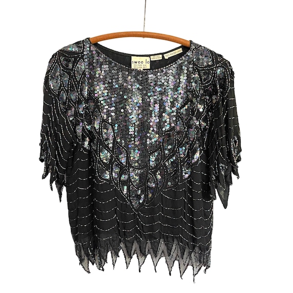 Vintage Swee Lo Sequin Silk Blouse: 80s 90s. Beaded Party Iridescent Sequin Top.