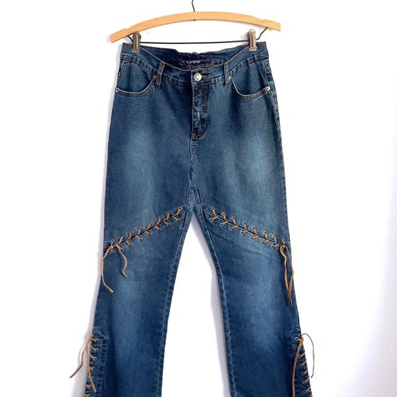 Vintage Y2K Lace Up Denim Jeans. Lowrise Stitch Denim Pants. Hippie Style. 90s Y2K Grunge Low Rise Jeans. Stretch Lowrise Flare Jeans. Sz 11