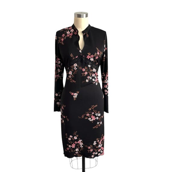 Vintage Black Pink Floral Midi Dress. 90s 00s Y2K Pencil Dress. Pink Flowers. Asian-Inspired Black Floral Dress. Whimsigoth Pencil Dress.