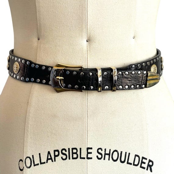 Vintage Black Leather Studded Belt. Bohemian Western Glam Leather Belt. Studded Gold Silver Gothcore Dress Belt. 90s Y2K Leather Belt.