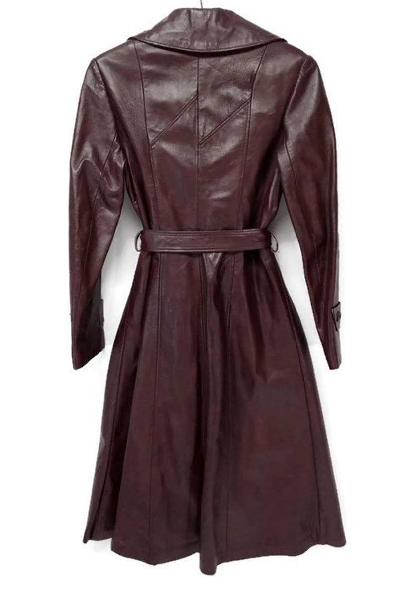 70s merlot red belted leather dress vintage trench coat jacket