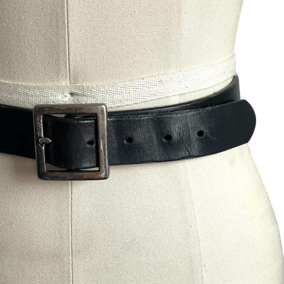 Vintage J. Crew Black Leather Square Belt. Stylish Dark Leather Belt. Square Brass Belt Buckle. Evening. Party. 90s. Y2K. 1990s. 2000s.