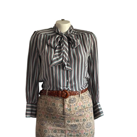 Vintage Halston III Multicolor Striped Tie-Front Button-Up Blouse. Colorful Striped Scarf Neck Blouse Top. Gray. Red. Green. White. 80s.