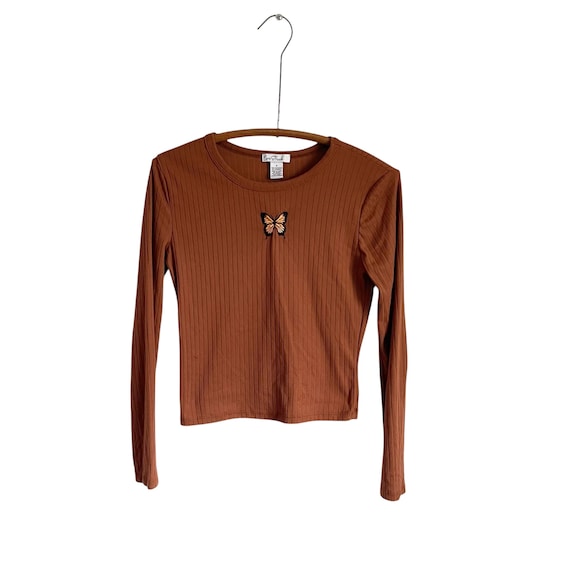Vintage Grunge Sepia Brown Butterfly Blouse. Tan Brown Ribbed Butterfly Top. Butterfly Grunge Festival Ribbed Top. 90s. Y2K. Love Streak.