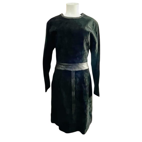 Vintage Black Suede Pencil Dress, 80s/90s Leather Trim, Margaret Godfrey