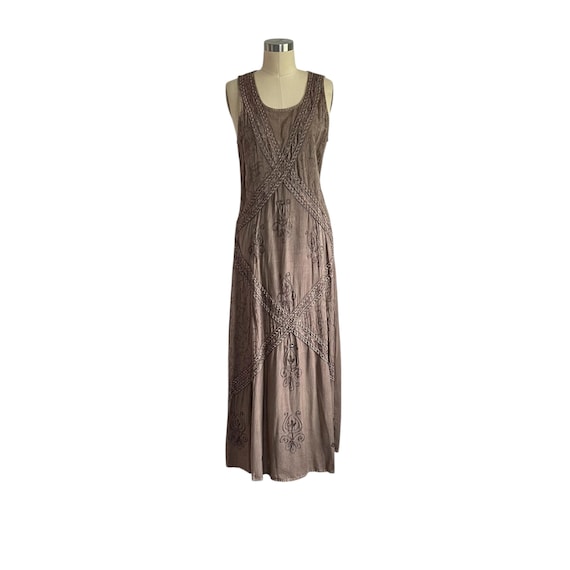 Vintage Jubilie Brown Sleeveless Boho Maxi Dress. Long Brown Hippie Dress. Back Waist Belt. Knitted Patterns. Hippiecore. 90s. Y2K.