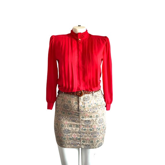 Vintage Josephine Red Pleated Long-Sleeved Blouse. Red Mock Neck Ribbed Button-Down Blouse Top. Womens Plus Dress Blouse Shirt Top. 70s 80s.