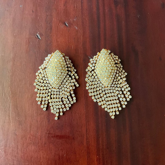 Showgirl Rhinestone Studded Dangle Drop Earrings. MCM. Goldtone Metal Clip-On Earrings. Fringes. Formal Party Glam Earrings. 60s. 70s 80s.