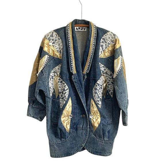Vintage AFSY Collection Blue and Yellow Denim Jacket. Multicolor Embellished Jean Jacket. Lace. Goldtone. Pearl Beads. Rhinestones. 90s.