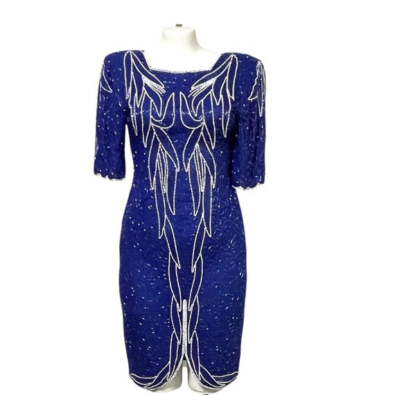 Vintage Royal Blue Beaded Maxi Dress. Plus Size Silk Dress. Blue White. V-Back. Plus Size. 70s. 80s. NWT. Exotic Creations. Deco Silk Dress.