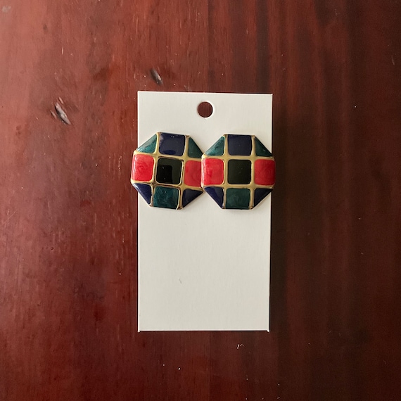 Vintage Multicolor Octagon Enamel Stud Earrings. Checkered Post Earrings. Gold Tone Metal. Red. Black. Green. Gold. Squares. 70s. 80s.