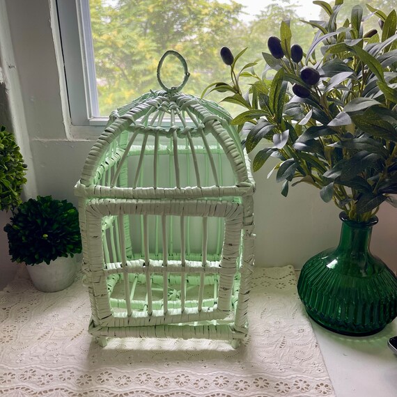 Vintage Rattan Bird Cage. Mint Green. Vintage Birdcage. Cottage Green Birdcage. Springtime Garden Bird Cage. 70s Rustic Cottage Birdcage.