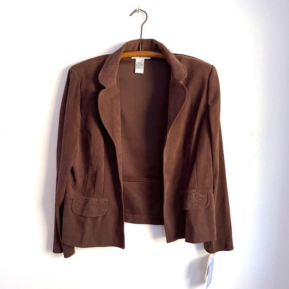 Vintage SAG Harbor Chocolate Brown Jacket. Paisley Collar Wrist. Womens Casual Blazer Jacket. Stretch. Rear Peplum Waist. Deadstock New.