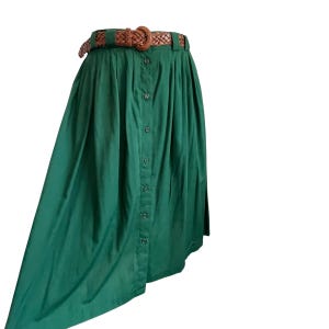 Vintage 70s 80s Forest Green Button-Up Skirt. Womens Casual High Waisted Knee Skirt. Cottagecore Casual Pleated Skirt. Plus Size. Pockets.