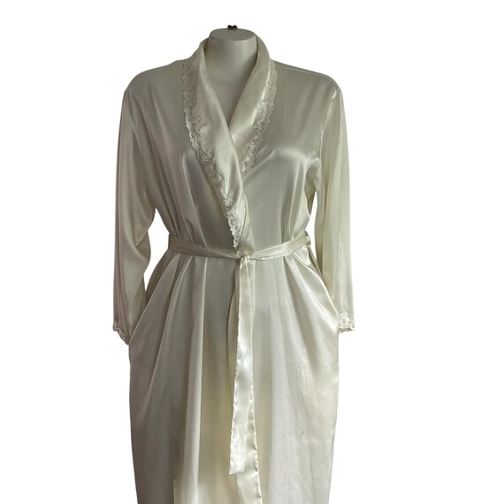 Vintage Ivory Satin Robe, Lace Trim, Plus Size Sleepwear