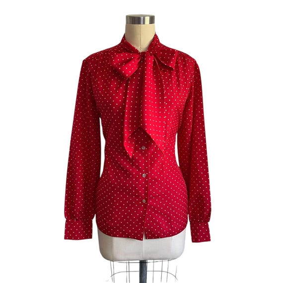 Vintage Lee Mar Red and White Dotted Necktie Blouse. Two-Color Dotted Button-Up Top. Small White Dots. Bright Red. 50s Style. 60s. 70s. 80s.