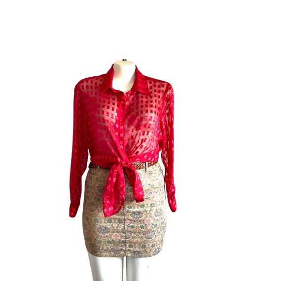 Vintage Notations Red Button-Up Blouse. Cherry Red Block Dotted Sheer Blouse. Womens Casual Sheer Red Dress Blouse Shirt Top. Plus Blouse.