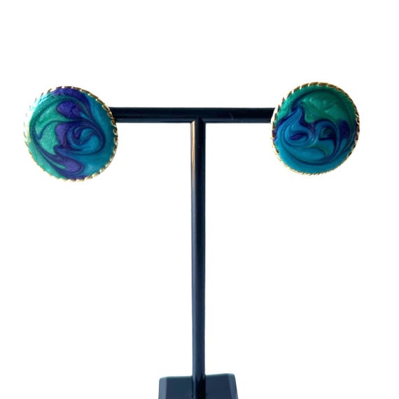 Vintage Emerald Enamel Swirl Round Post Earrings. Mod Avant Garde Circle Earrings. Blue. Green. Purple. Goldtone Accents. 80s. 1980s. 90s.