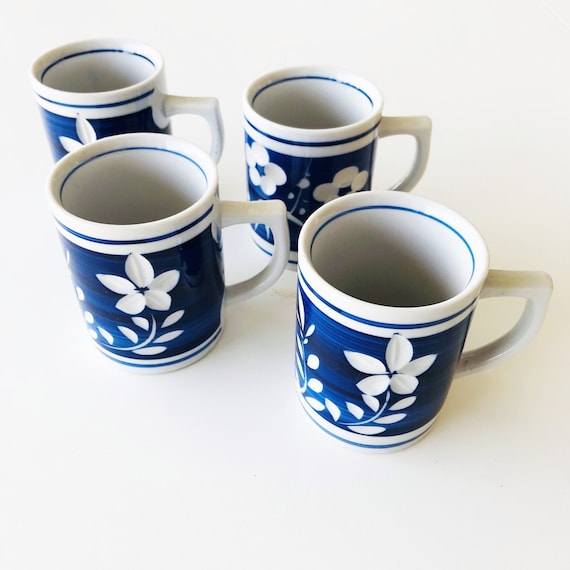 Vintage Blue Floral Ceramic Mugs: Japanese Coffee or Tea