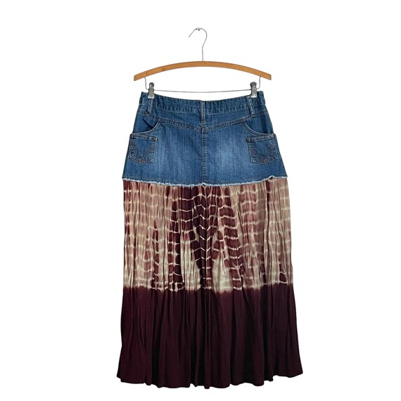 Vintage East of L.A. Denim and Rayon Tiered Midi Skirt. Three-Layered Boho Hippie Maxi Skirt. Denim Top. Crinkle Skirt. Multicolor. Y2K.