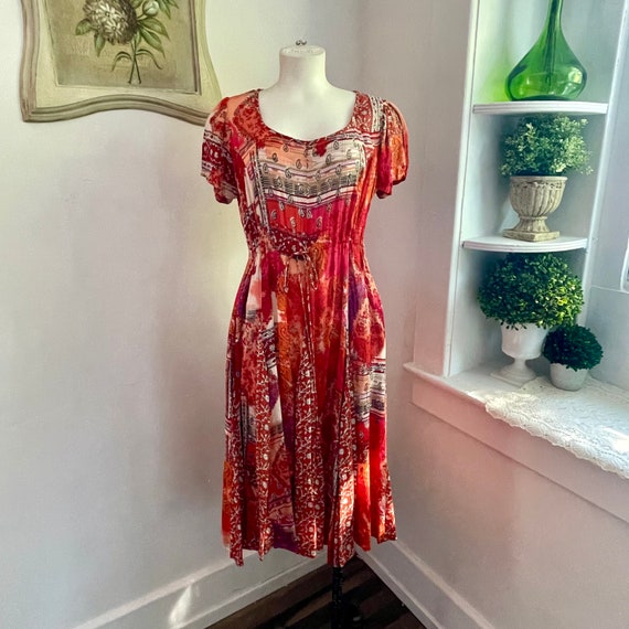 Vintage Cottagecore Dress. Multi Color Print Midi Dress. Hippiecore. Cottagecore Dress. 80s 90s Dress. Hippie Boho Dress. Festival Dress.