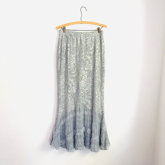 Vintage Grey Bluish Boho Lace Midi Maxi Skirt. Lace Hem. Paisley Print. Whimsigoth Bohemian Skirt. Long Pencil Skirt. MCM Style. 90s. Y2K.