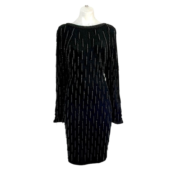 Vintage Laura Winston Black Beaded Midi Dress. Black Beaded Evening Fringe Dress. Crew Neck. Scoop Back. Long Sleeves. Bead Fringes. 90s.