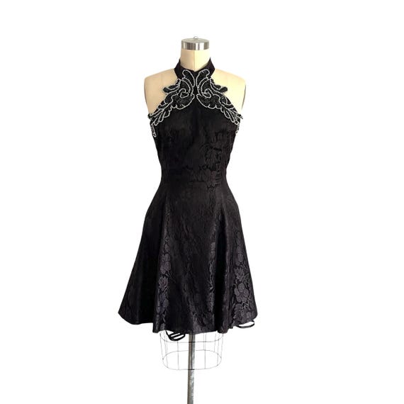 Vintage 90s Black Lace Halter Dress: Beaded, Backless Gothcore