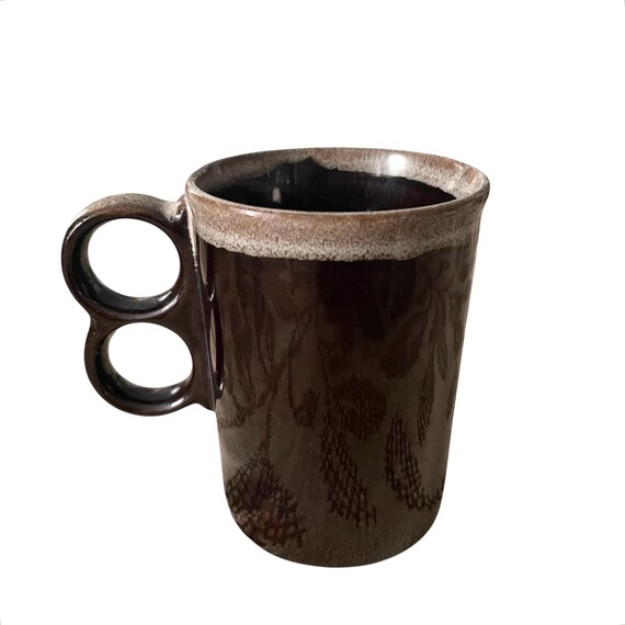 Vintage Brown Glazed Pottery Mug: Handmade Double-Handle Design