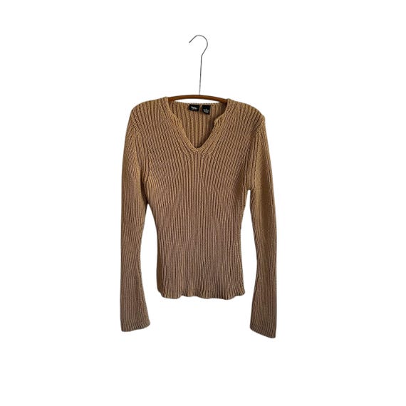 Vintage Mossimo Brown Knitted Sweater Blouse. Light Brown Knit V-Neck Stretch Blouse. Coffee Shop. Flare Wrists. 90s. Y2K. 1990s. 2000s.