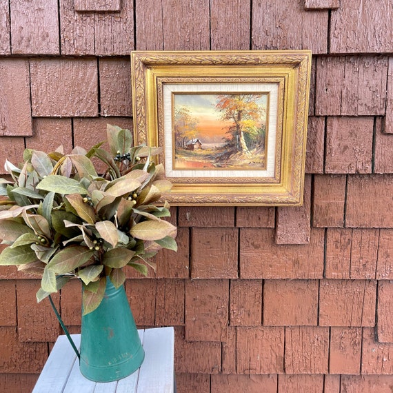 Vintage Still Life Oil Painting. Autumn Fall Lake Landscape. Cabin Oil Painting Landscape. Art Wall Decor. Artist Signed. 60s Cottagecore.
