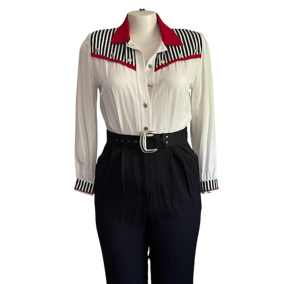 Vintage 80s 90s Nautical Blouson Jumpsuit w/Belt. Mod Striped Dress Jumpsuit. Button-Up Blouse. Black Pants w/Belt. 80s 90s. Pad Shoulders.