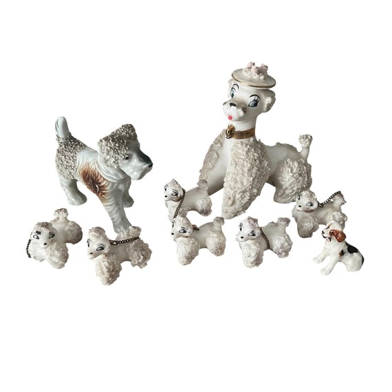 Vintage Poodle Family Figurine Set: Mid Century Modern Ceramic Dogs