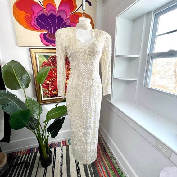 Vintage Deco Silk Beaded Dress. Ivory Beaded Silk… - image 9