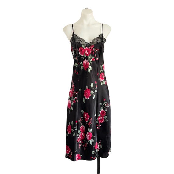Vintage 90s 00s Floral Slip Dress. Black Satin Silky Slip Dress. Lace Neckline. Whimsigoth Glam Midi Dress. Apt. 9. Y2K. 2000s. 00s.