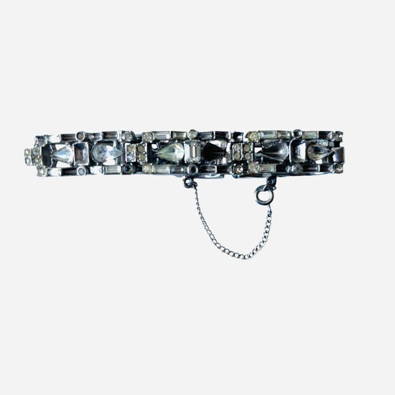 Vintage Ledo Silvertone Rhinestone Bracelet w/Chain. Sterling Silver Crystal Bracelet. Tear, Circle, and Rectangle Cut Crystals. 80s. 1980s.