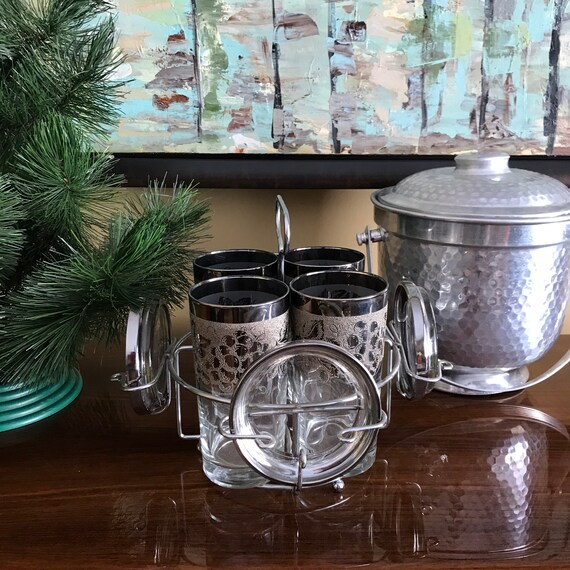 Vintage Silver Lustreware Glasses. Silver Rim Grapes Highball Glasses. Silver Thorpe Glass Coasters. Silver Lustreware Glass Coaster Set.