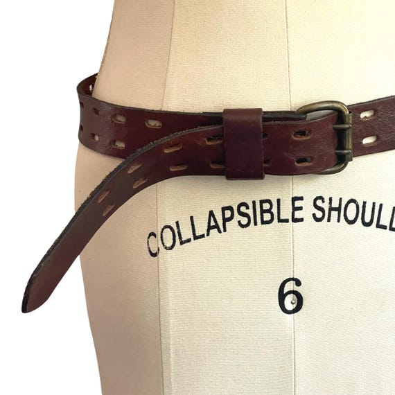 Vintage Double-Holed Leather Belt: Brass Buckle, Western Cowboy Cowgirl, Size Large