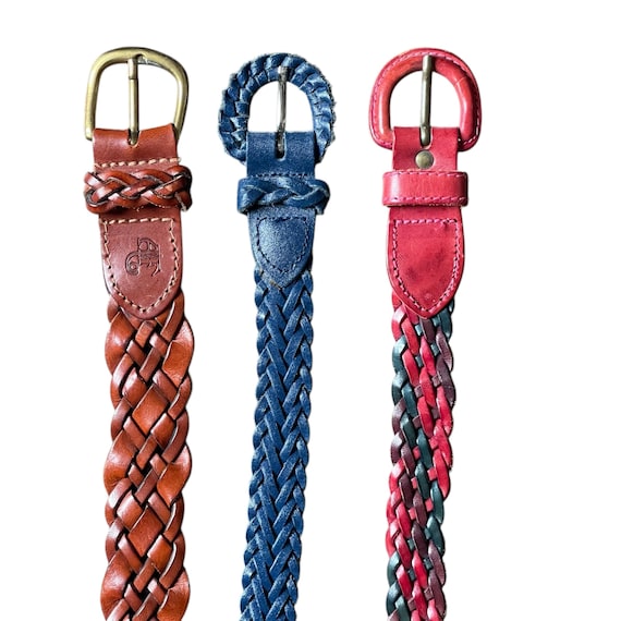 Vintage Medium Braided Leather Belts. Camel Tan Belt. Skinny Blue Belt. Multicolor Belt. Sold Separately. Different Lengths. Mixed Eras.