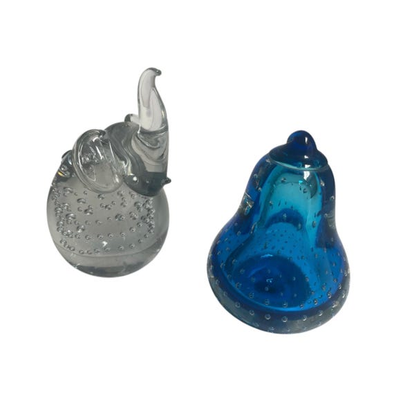 Vintage Glass Bubble Paperweight Bundle of 2. Clear Glass Elephant Bubble Paperweight. Blue Pear Glass Bubble Paperweight. 60s.