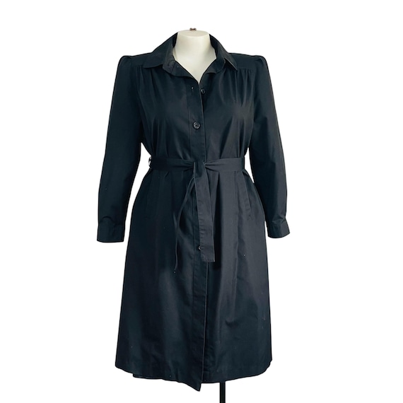 Vintage Black Trench Coat Dress. Sharon Rainwear Belted Button-Up Rain Coat. Belt. Puff Slvs. Black Dress Trench Coat Outerwear. 70s 80s 90s