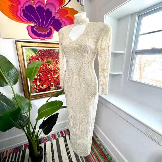 Vintage Deco Silk Beaded Dress. Ivory Beaded Silk… - image 4