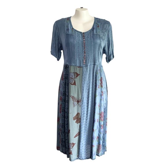 Vintage 90s Ice Blue Midi Dress: Soutache Bohemian Cottagecore